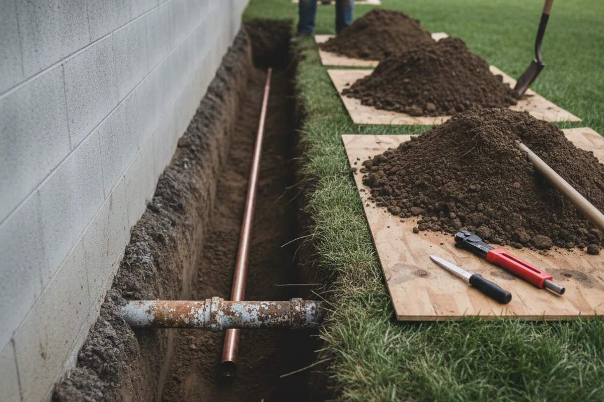 Excavated water line trench during Water Heater Repair in Dahlonega